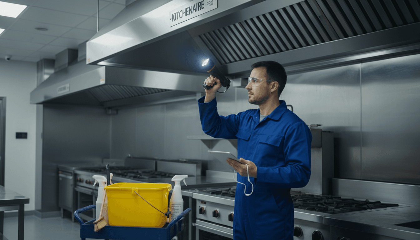 Professionnel inspectant la hotte d'une cuisine commerciale avec une lampe de poche