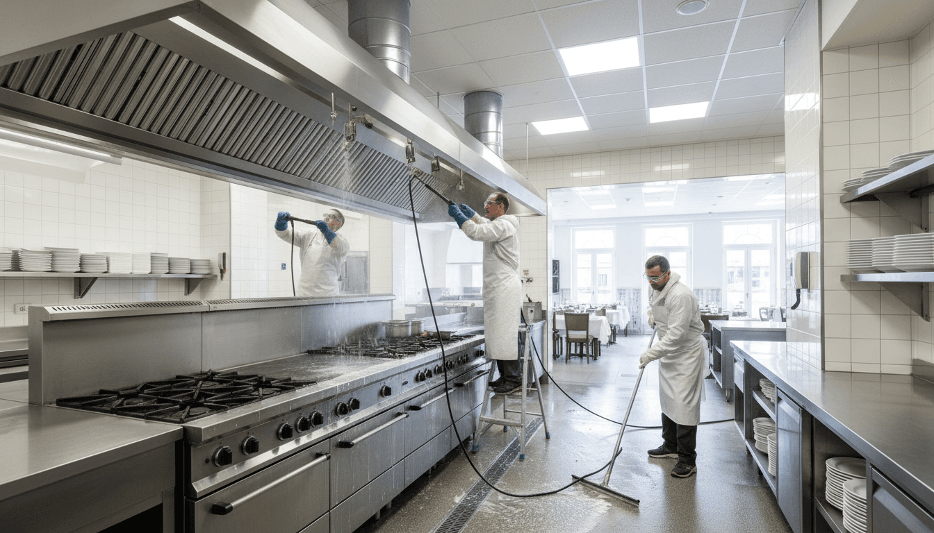 Technicien qui dégraisse la hotte d'une cuisine commerciale professionnelle