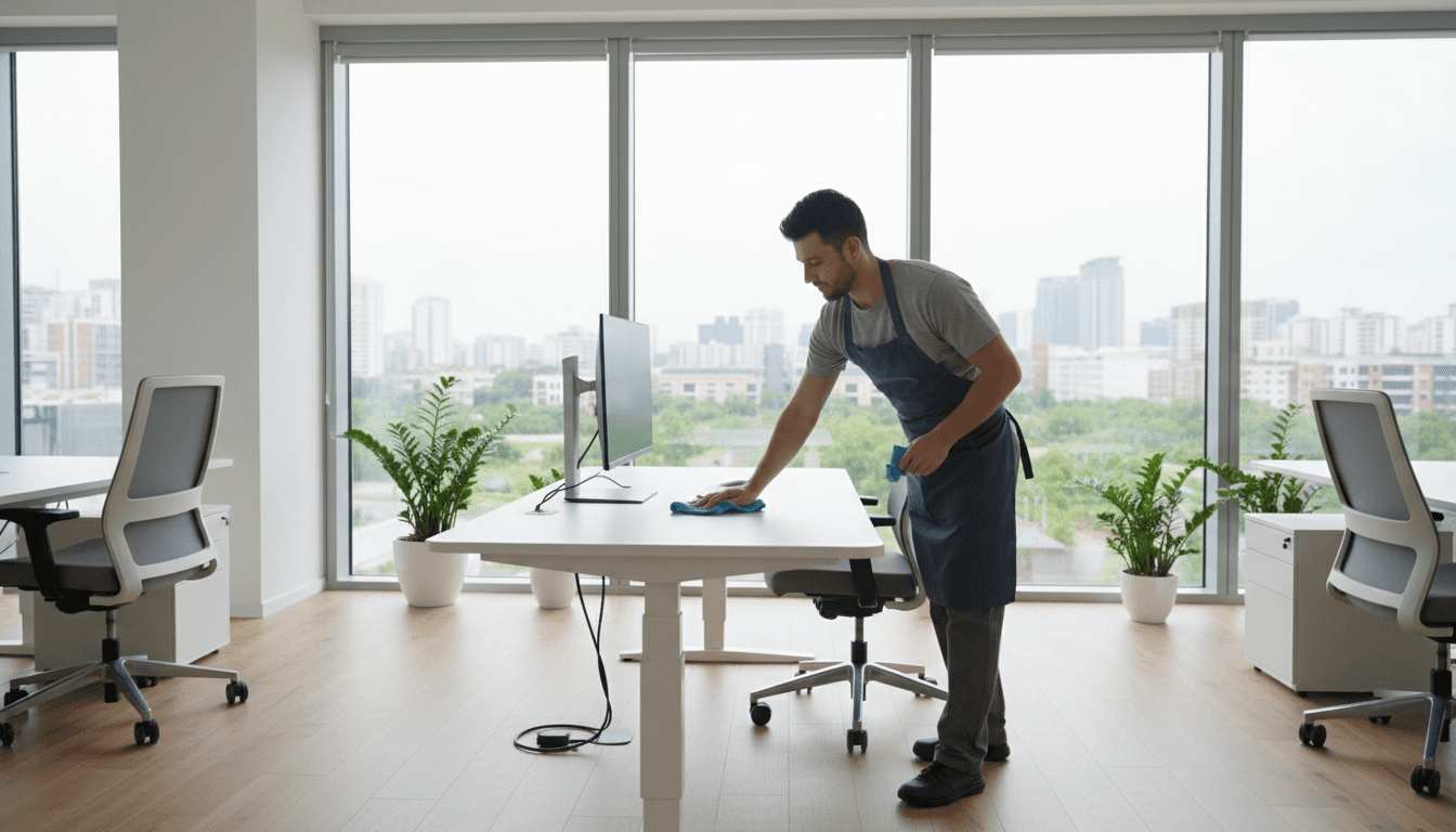Professionnel de l'entretien nettoyant un bureau moderne et lumineux