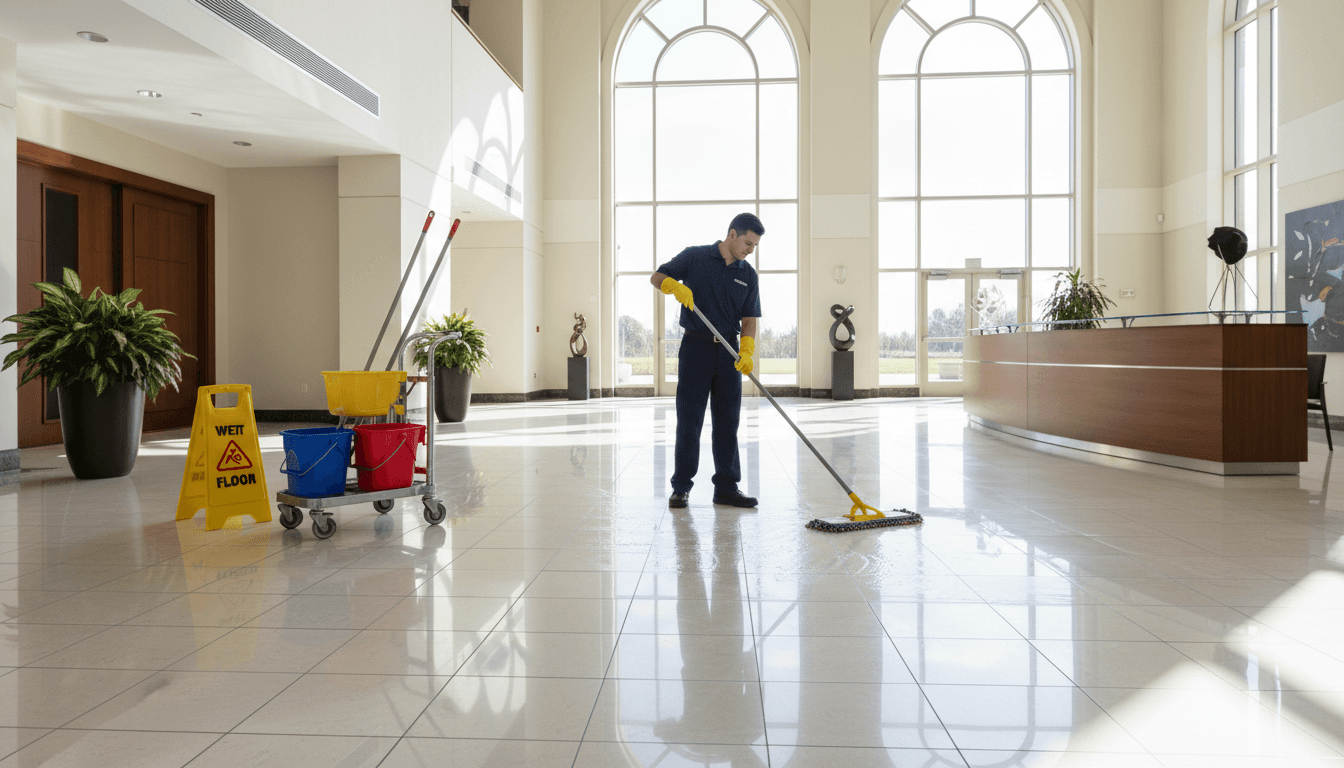 Nettoyage d'un plancher de céramique dans un hall commercial lumineux