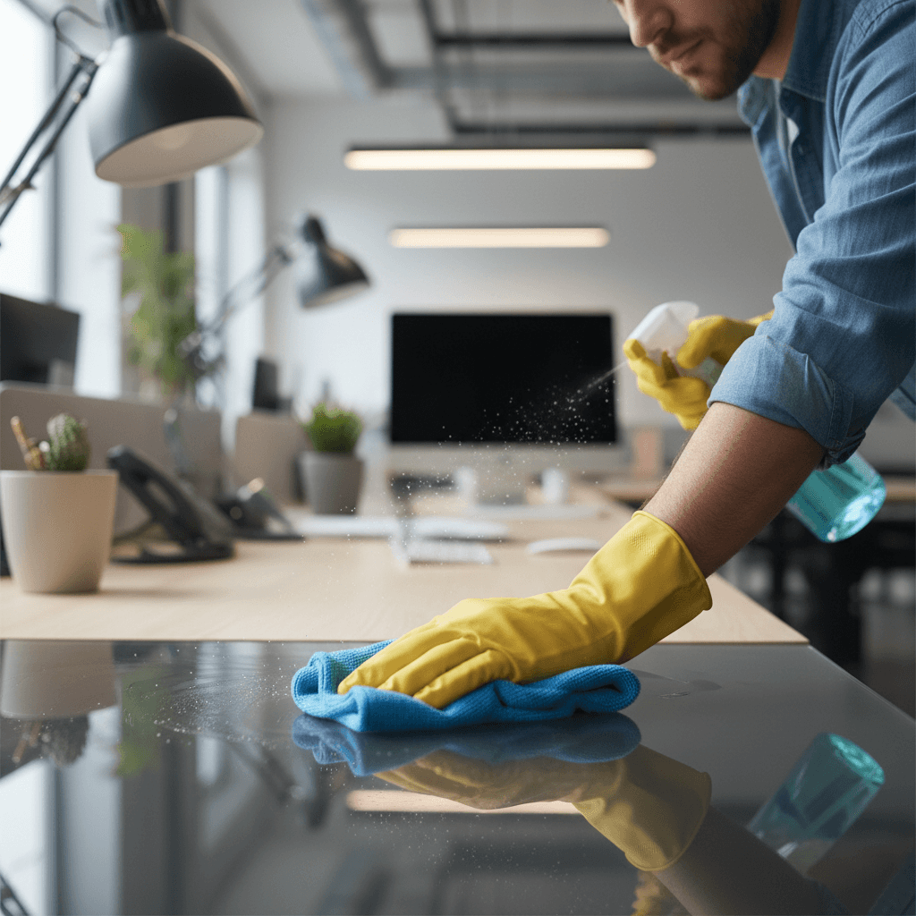 Concierge professionnel essuyant un comptoir de réception dans un hall d'immeuble moderne
