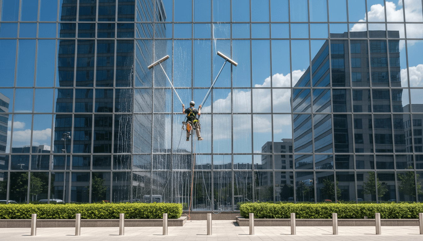 Préposé qui lave les grandes vitres d'un immeuble résidentiel avec un équipement professionnel
