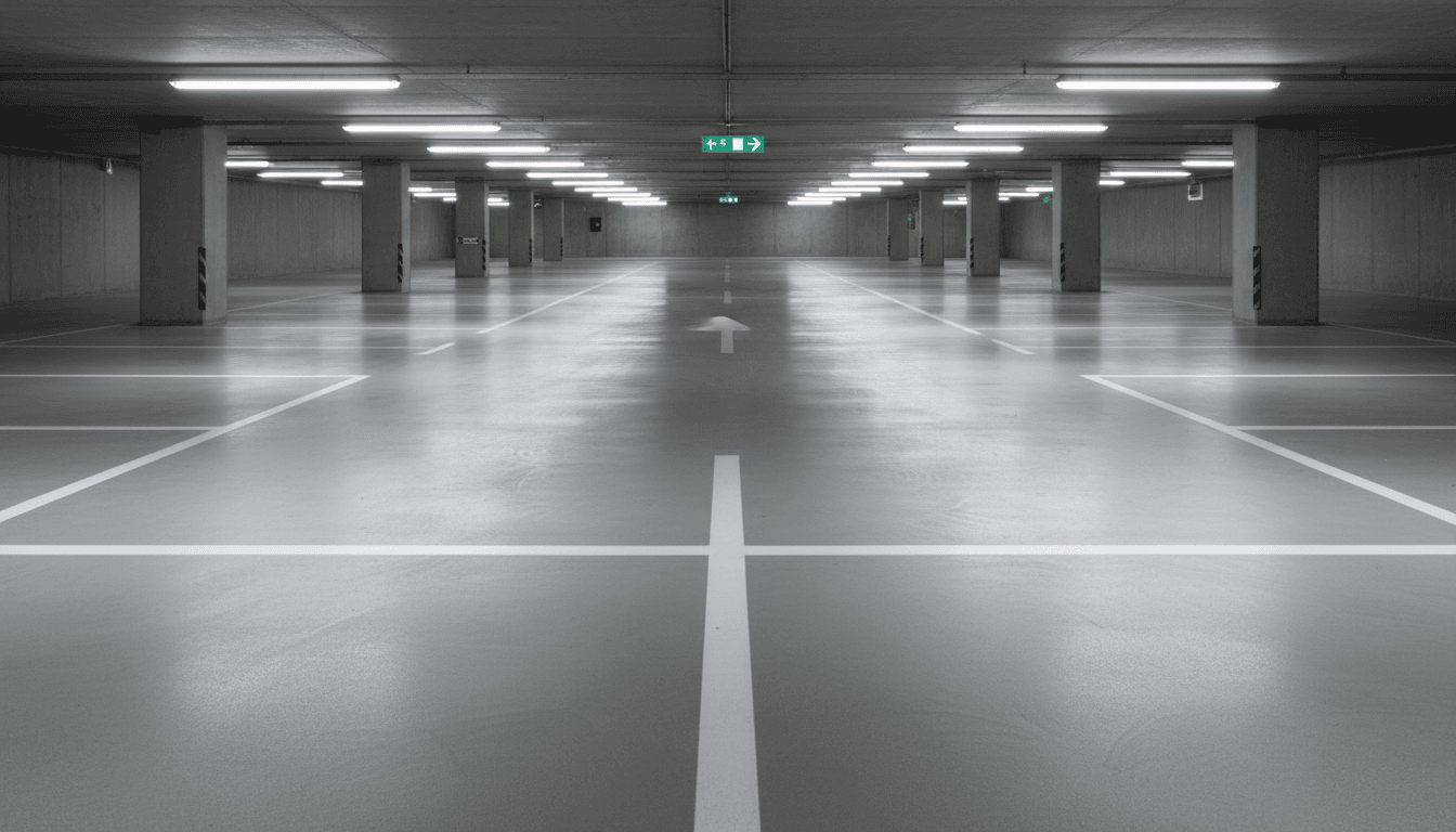Stationnement intérieur vide avec plancher d'époxy impeccable et bon éclairage