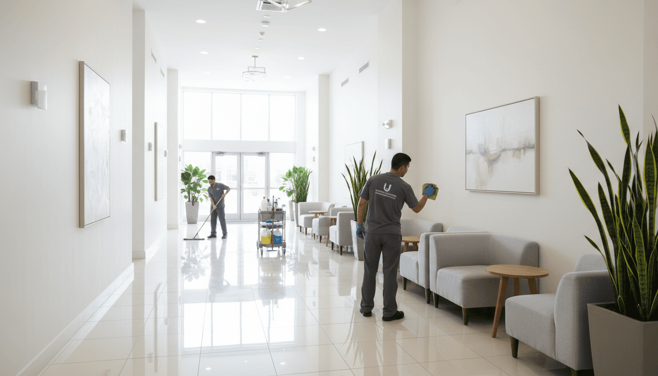 Employé qui lave le plancher d'un corridor dans les parties communes d'un immeuble