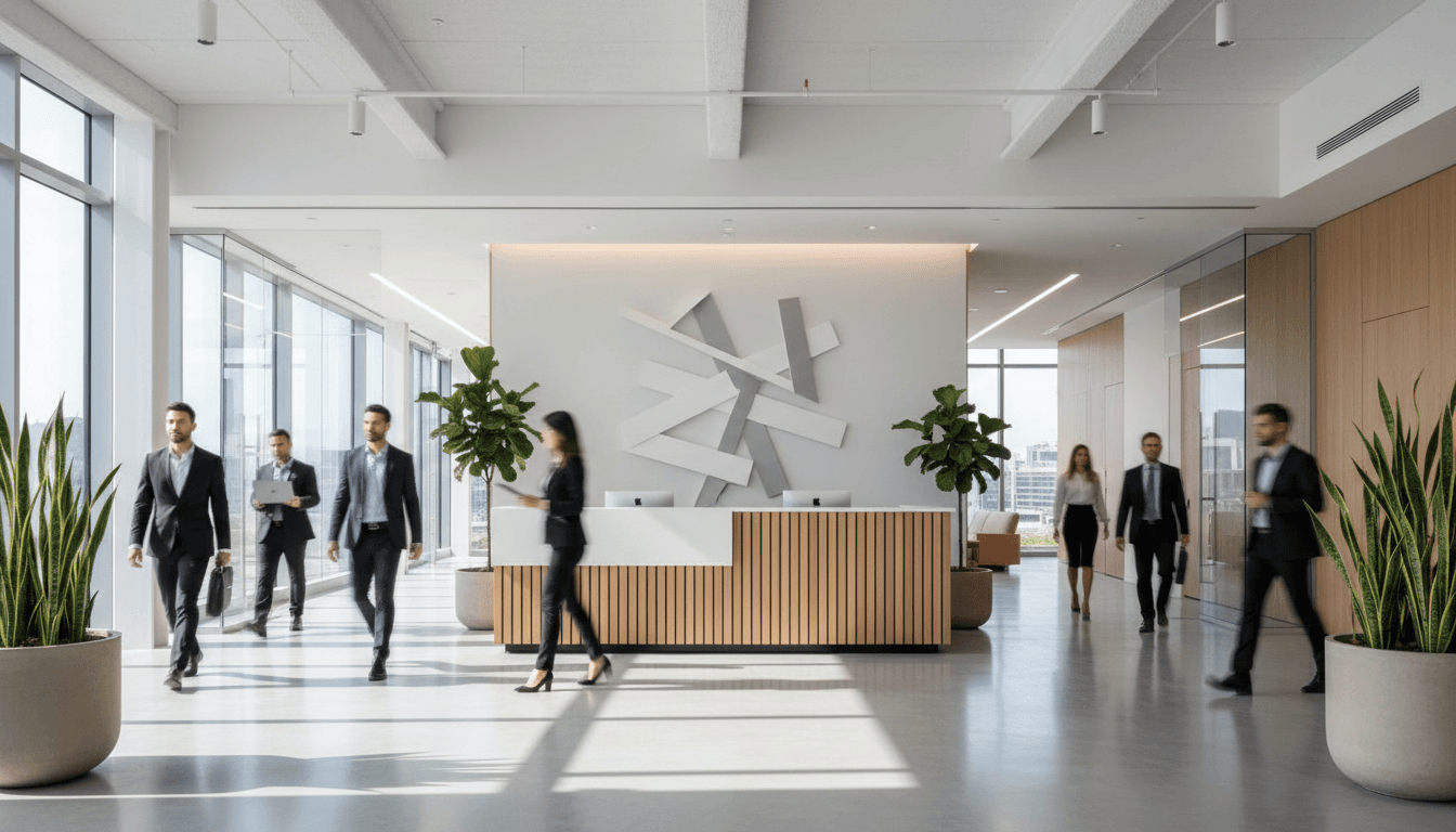 Hall d'entrée moderne d'une copropriété avec planchers brillants